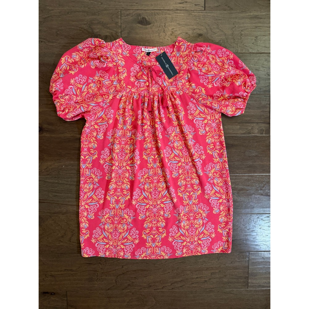 NWT Michelle McDowell Pink Damask Floral Puff Sleeve Tassel Tie Dress Womens M
